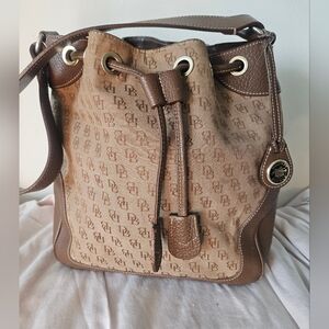 Vintage Dooney & Bourke Logo Canvas Leather Drawstring Bucket Shoulder Bag Brown